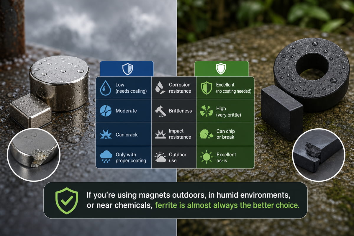 What is the Difference Between Ferrite Magnet and Neodymium? 7 Durability and Corrosion Difference Between Ferrite Magnet and Neodymium Magnet