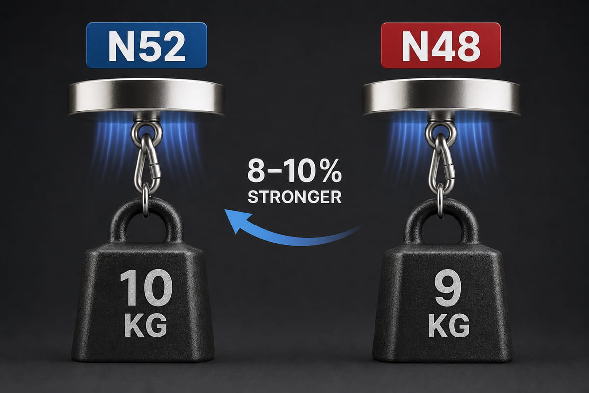 N52 is about 8–10% stronger than N48 in terms of pull force