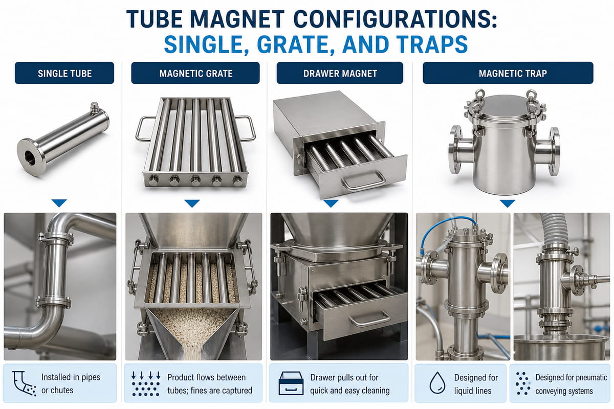 Tube Magnet Configurations: Single, Grate, and Traps picture